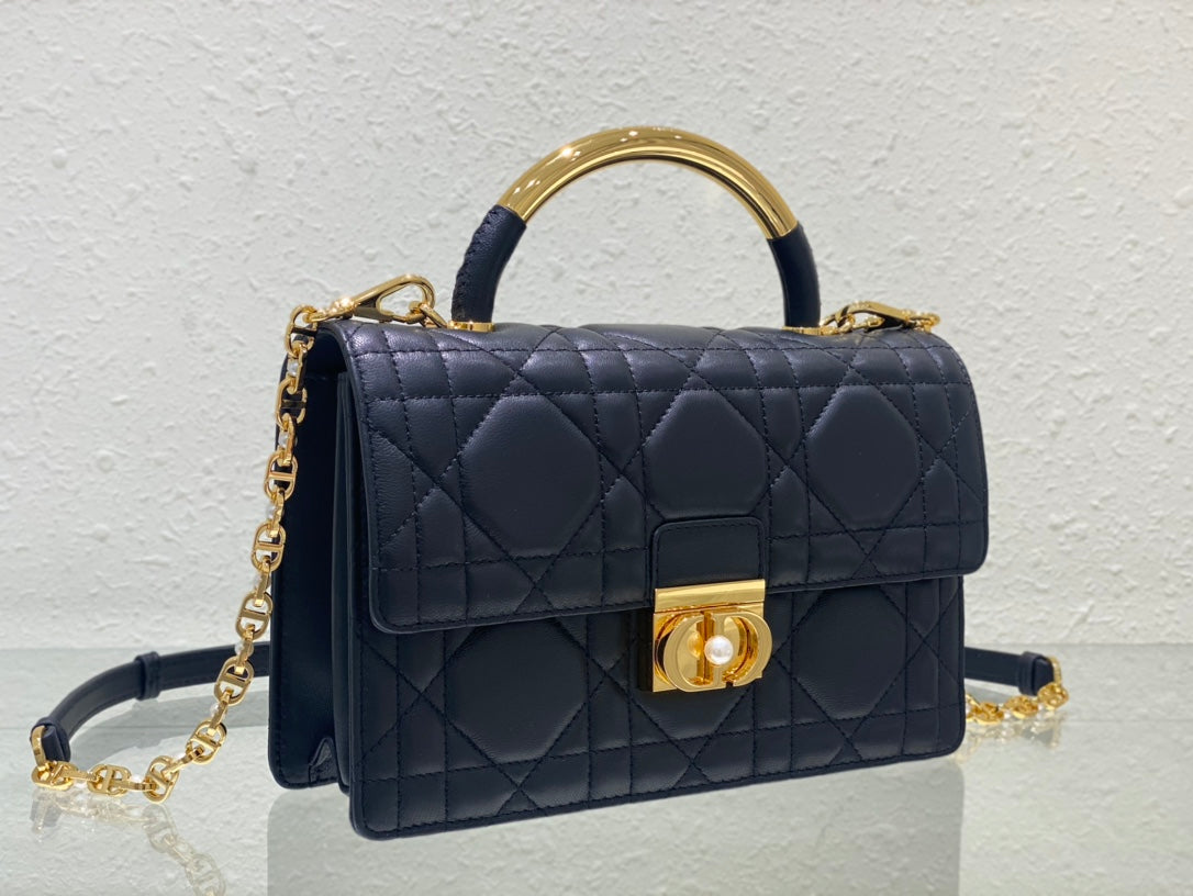 Dior Elegant Navy Blue Quilted Leather Top Handle Bag with Gold Chain