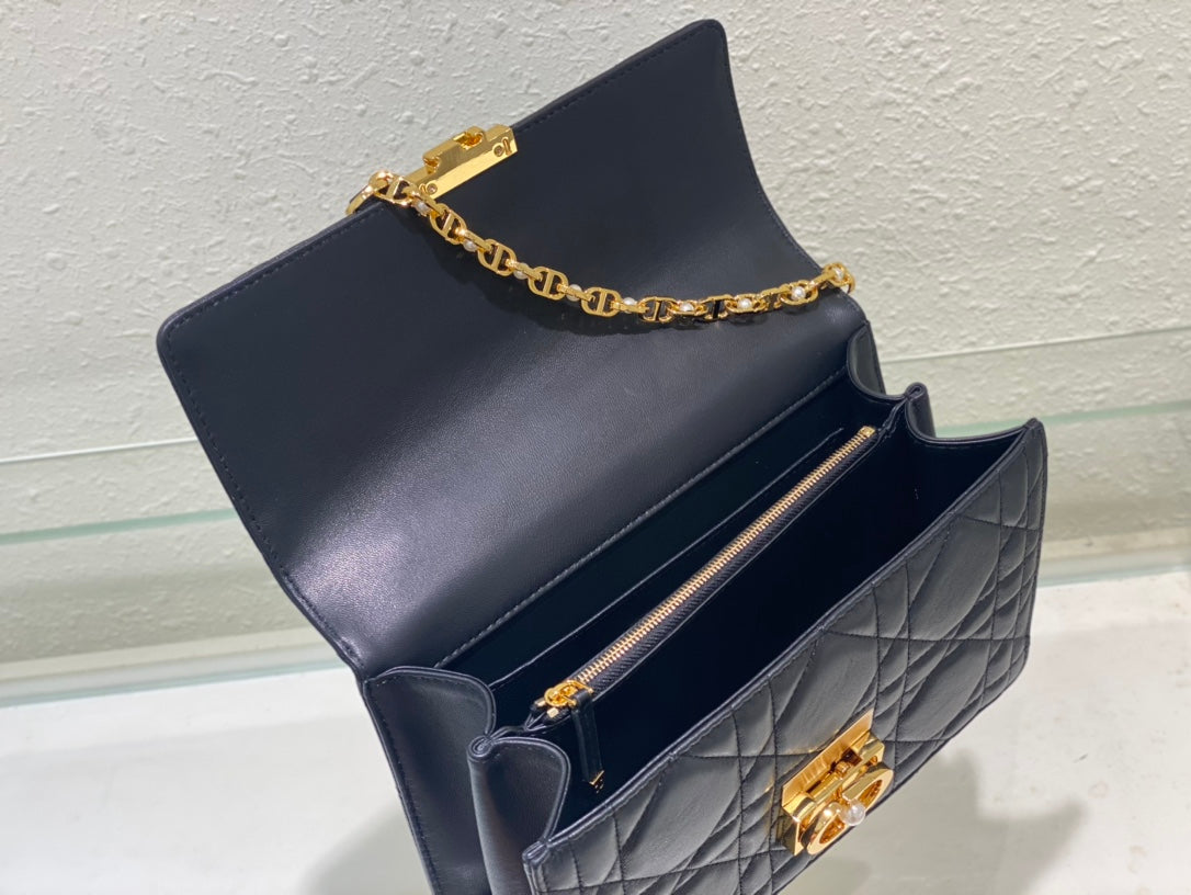 Dior Elegant Navy Blue Quilted Leather Top Handle Bag with Gold Chain
