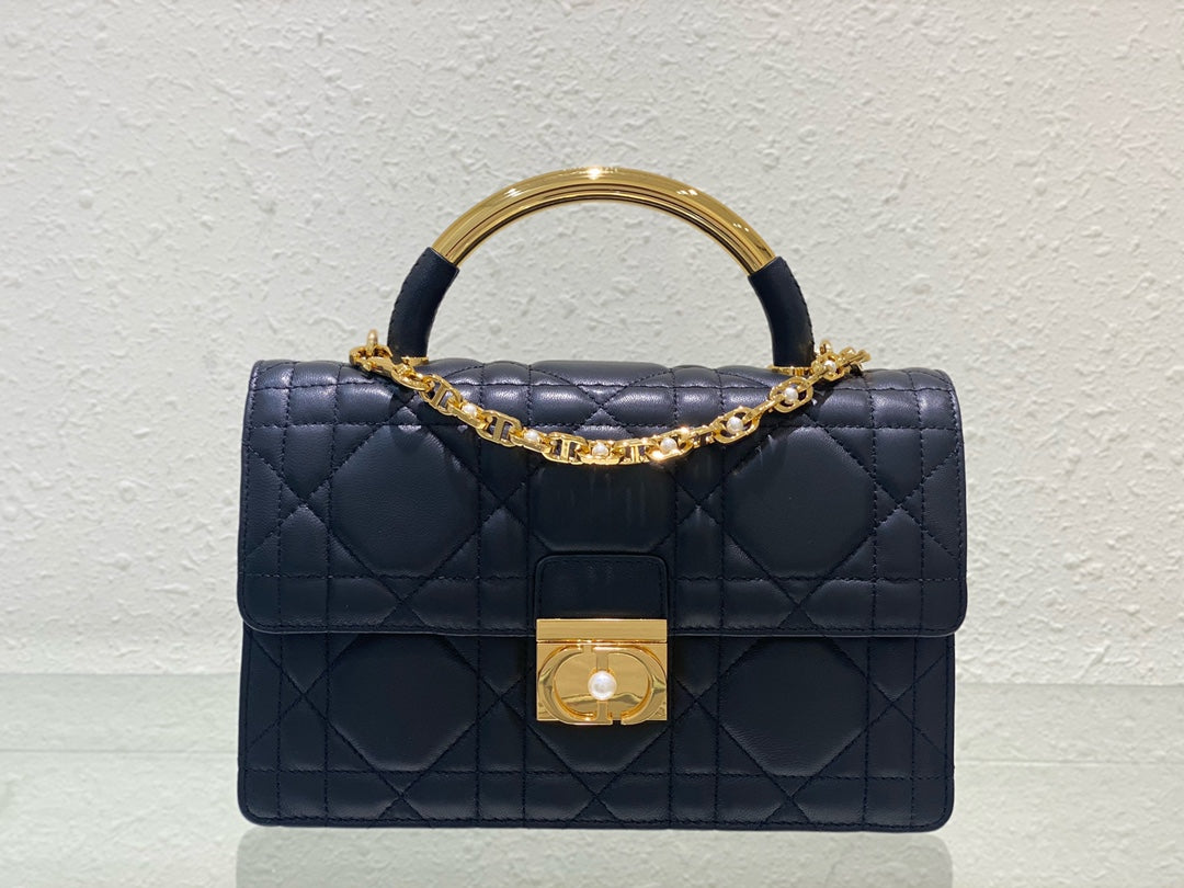 Dior Elegant Navy Blue Quilted Leather Top Handle Bag with Gold Chain