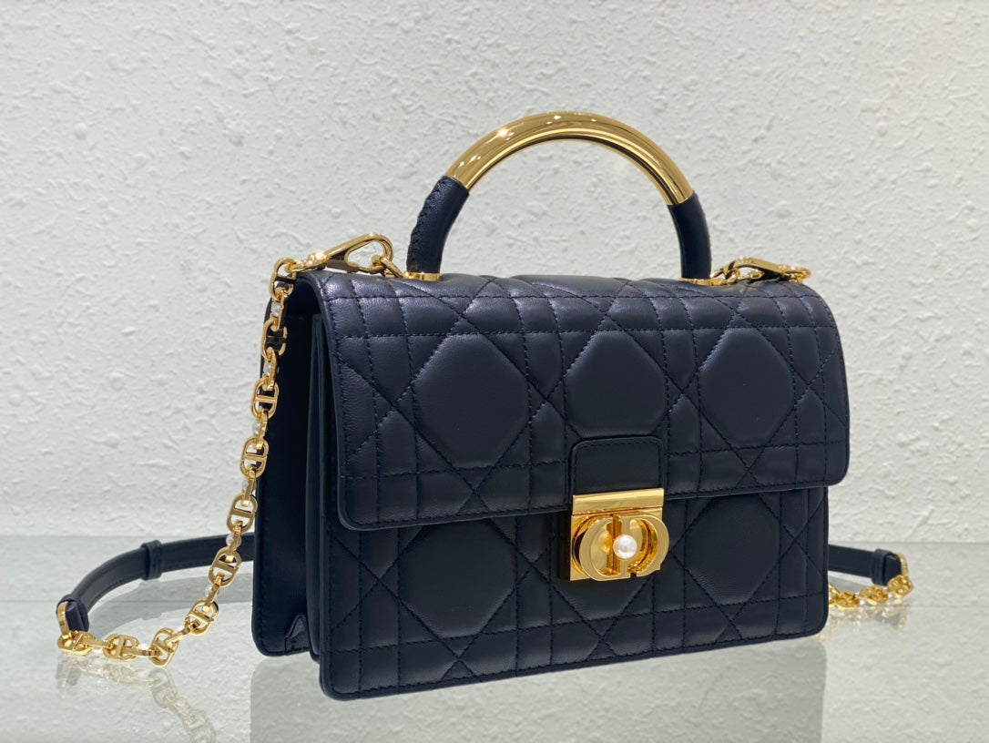 Dior Elegant Navy Blue Quilted Leather Top Handle Bag with Gold Chain