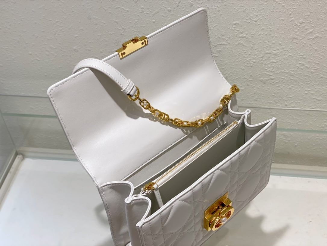 Dior Quilted White Leather Shoulder Bag with Gold Handle and Chain