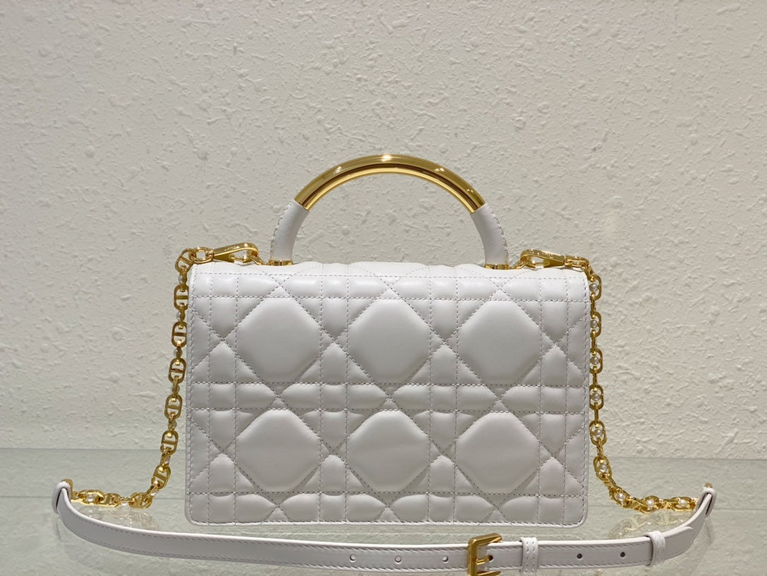 Dior Quilted White Leather Shoulder Bag with Gold Handle and Chain