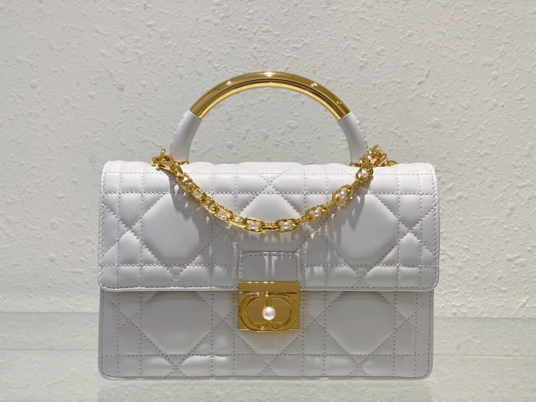 Dior Elegant White Quilted Leather Handbag with Gold Chain Strap