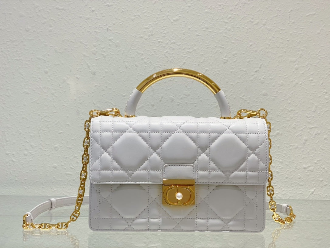 Dior Quilted White Leather Shoulder Bag with Gold Handle and Chain