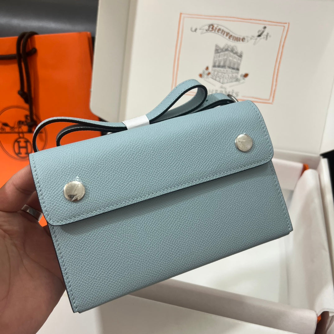 Hermès Click Mini Card Holder Wallet with Strap - Light Blue Leather