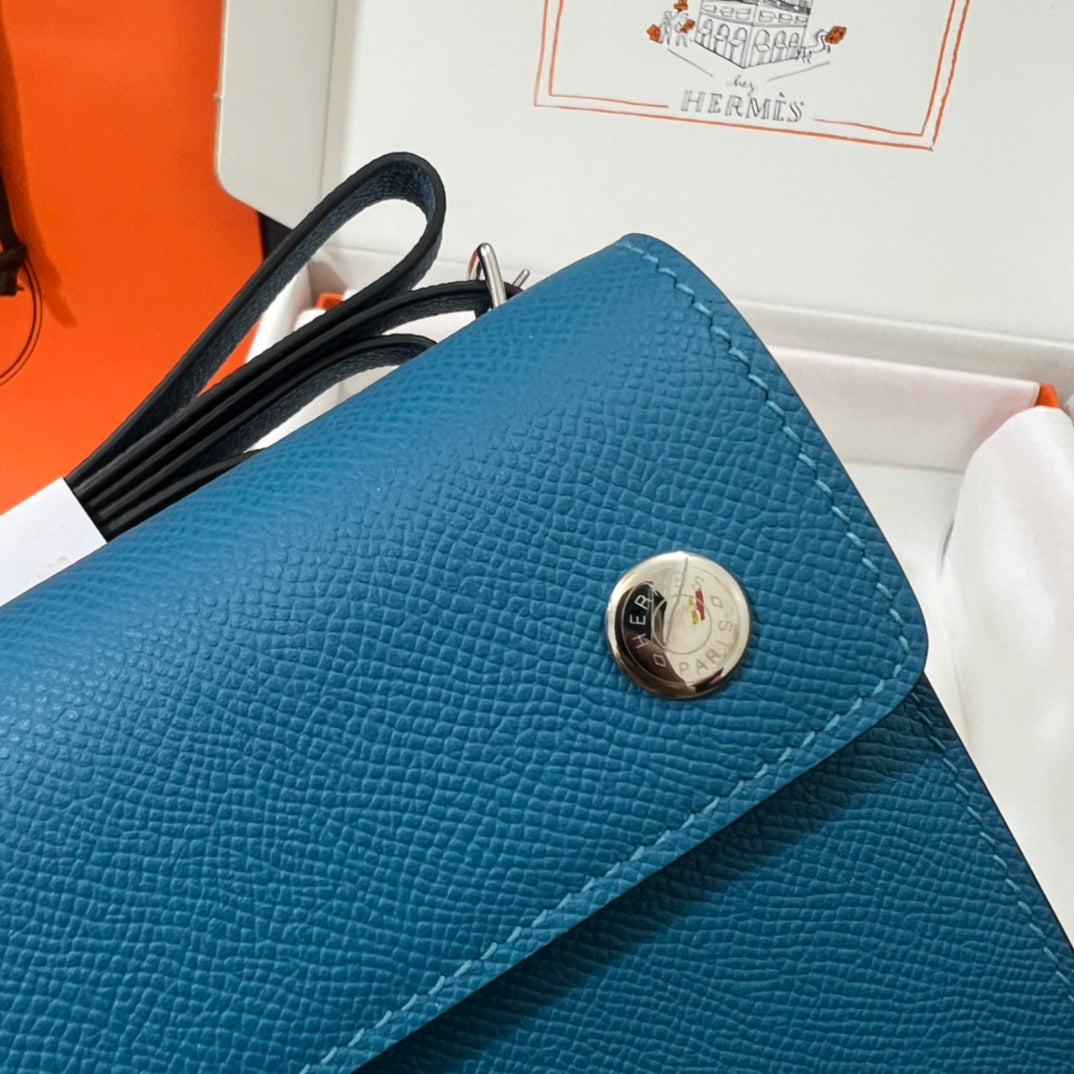 Hermès Blue Leather Card Holder with Strap - Luxury Mini Crossbody Pouch