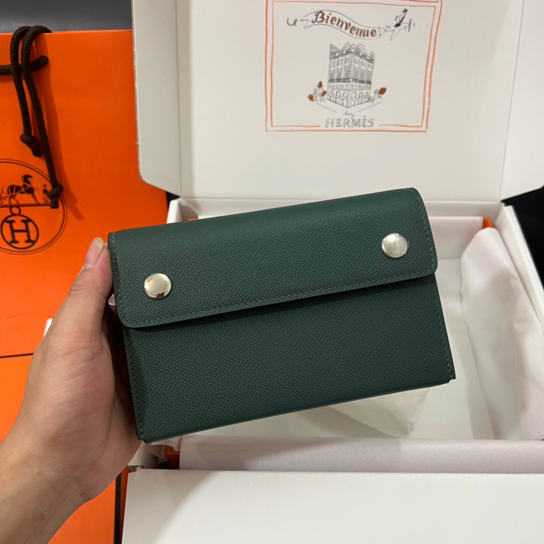 Hermès Click 12 Wallet in Deep Green Leather with Silver-Tone Hardware