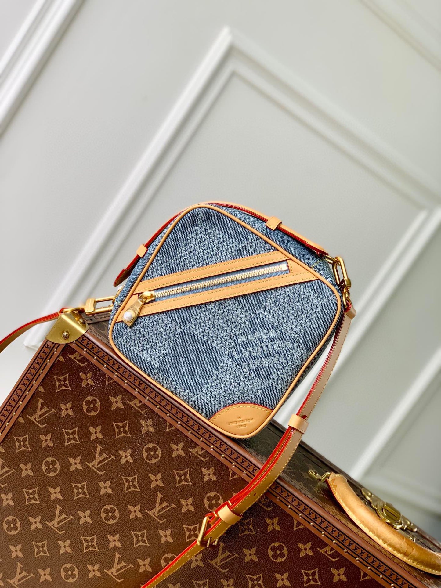 Louis Vuitton Blue Checkerboard Denim Square Crossbody Bag with Leather Trim