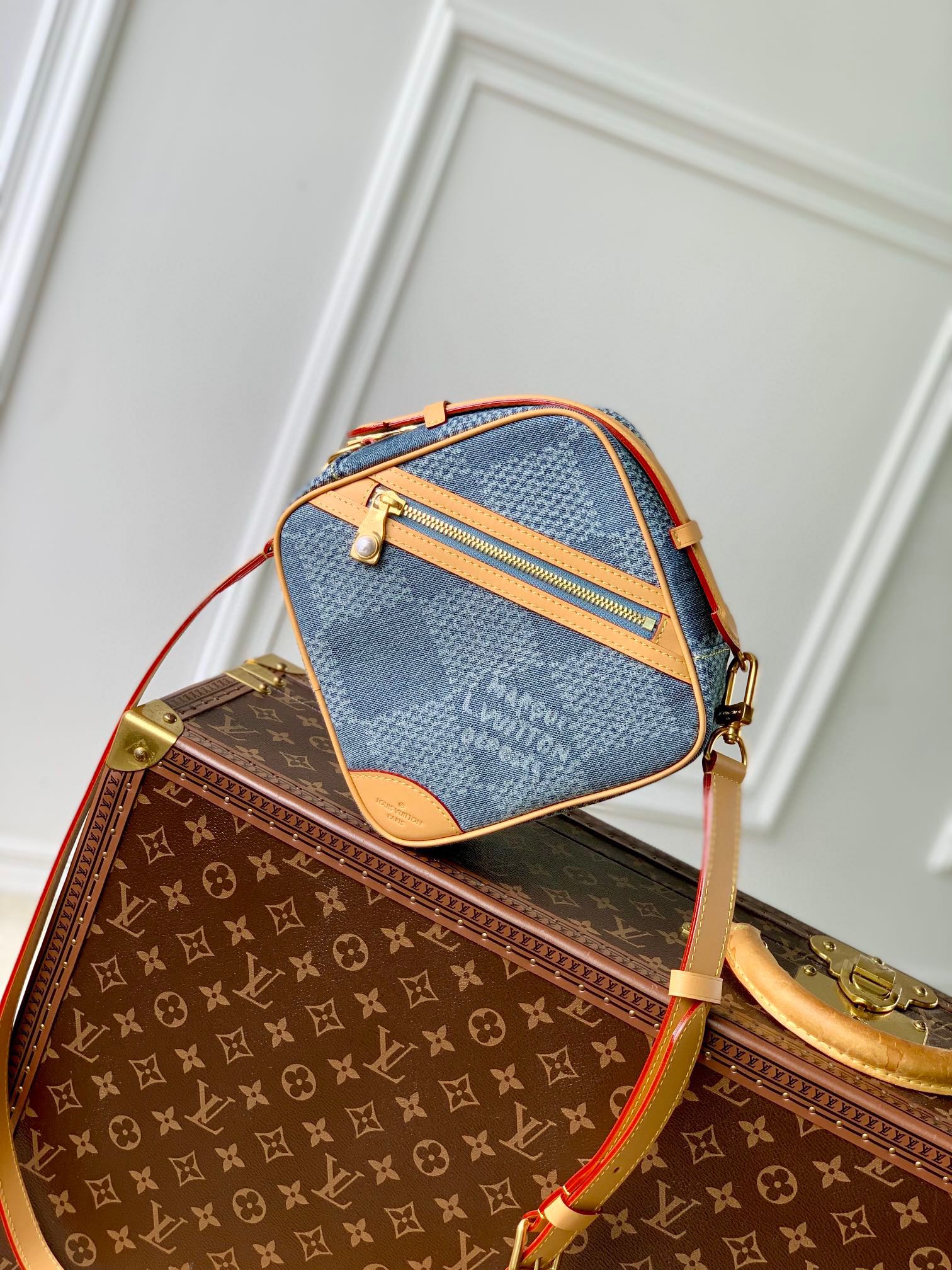 Louis Vuitton Blue Checkerboard Denim Square Crossbody Bag with Leather Trim