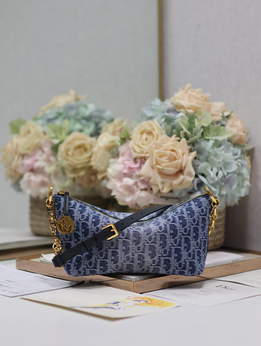 Chic Blue Monogram Oblique Hobo Bag with Gold Chain and Adjustable Shoulder Strap