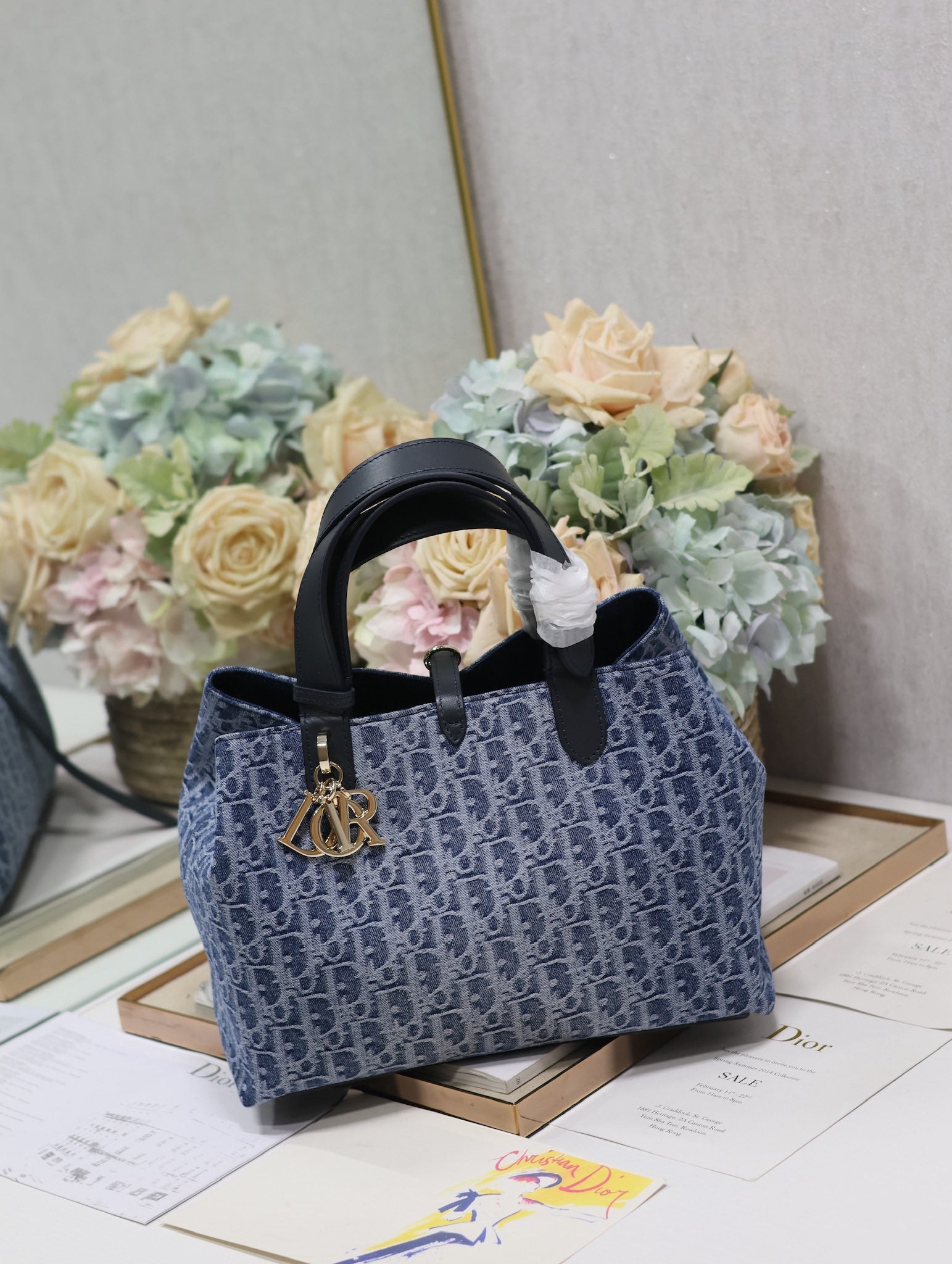 Dior Classic Blue Monogram Jacquard Tote Bag with Leather Handles