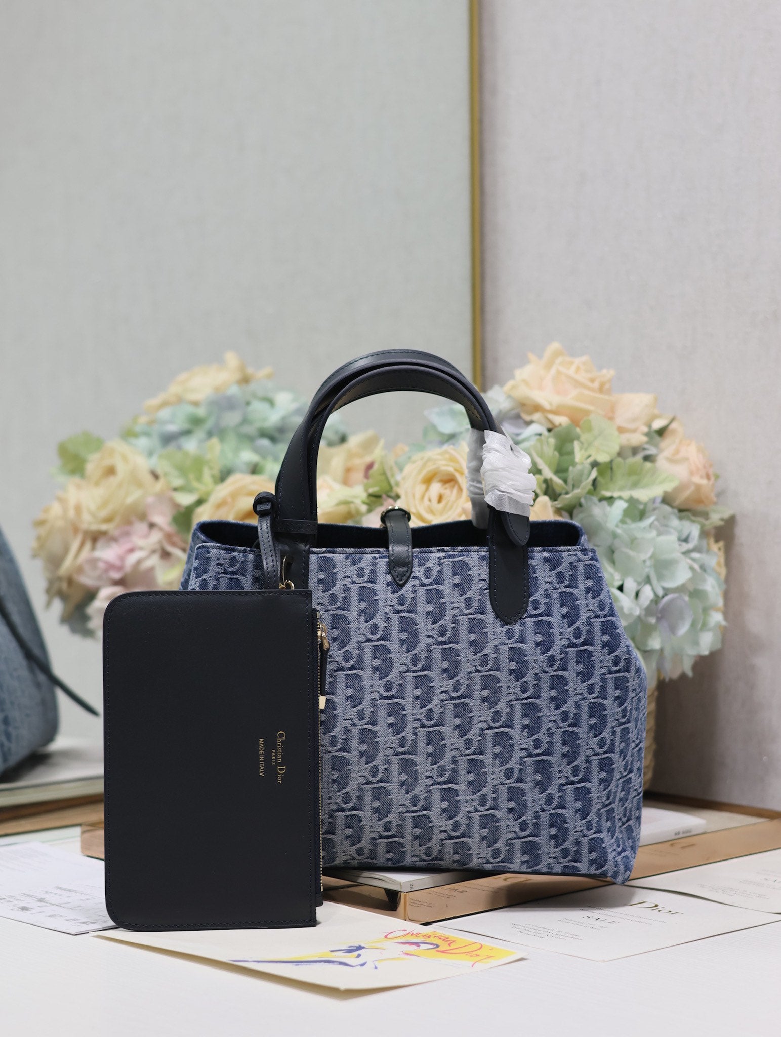 Dior Classic Blue Monogram Jacquard Tote Bag with Leather Handles