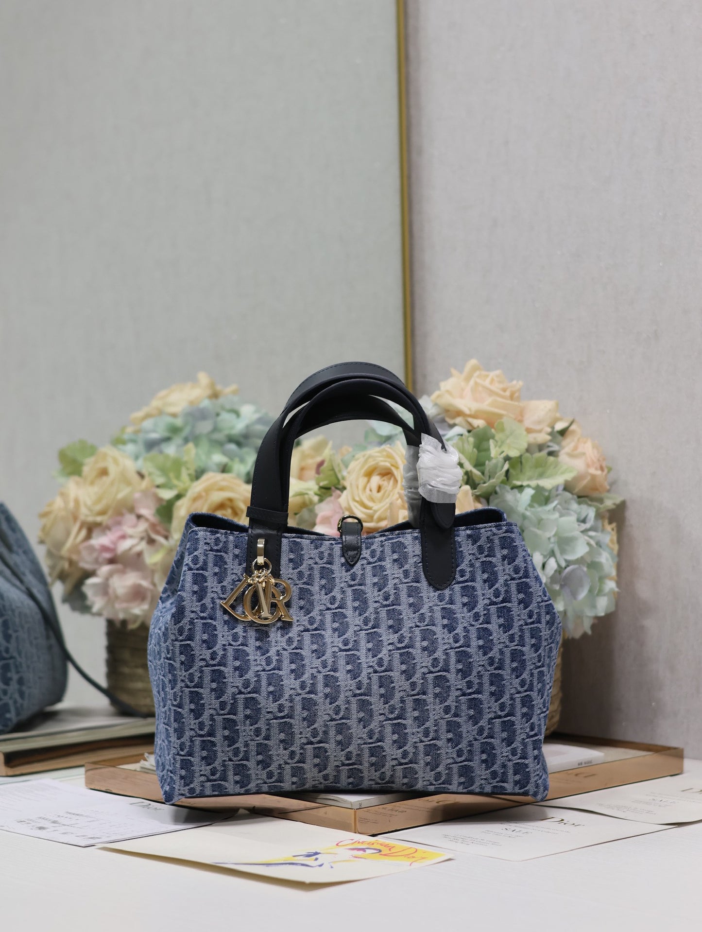 Dior Classic Blue Monogram Jacquard Tote Bag with Leather Handles