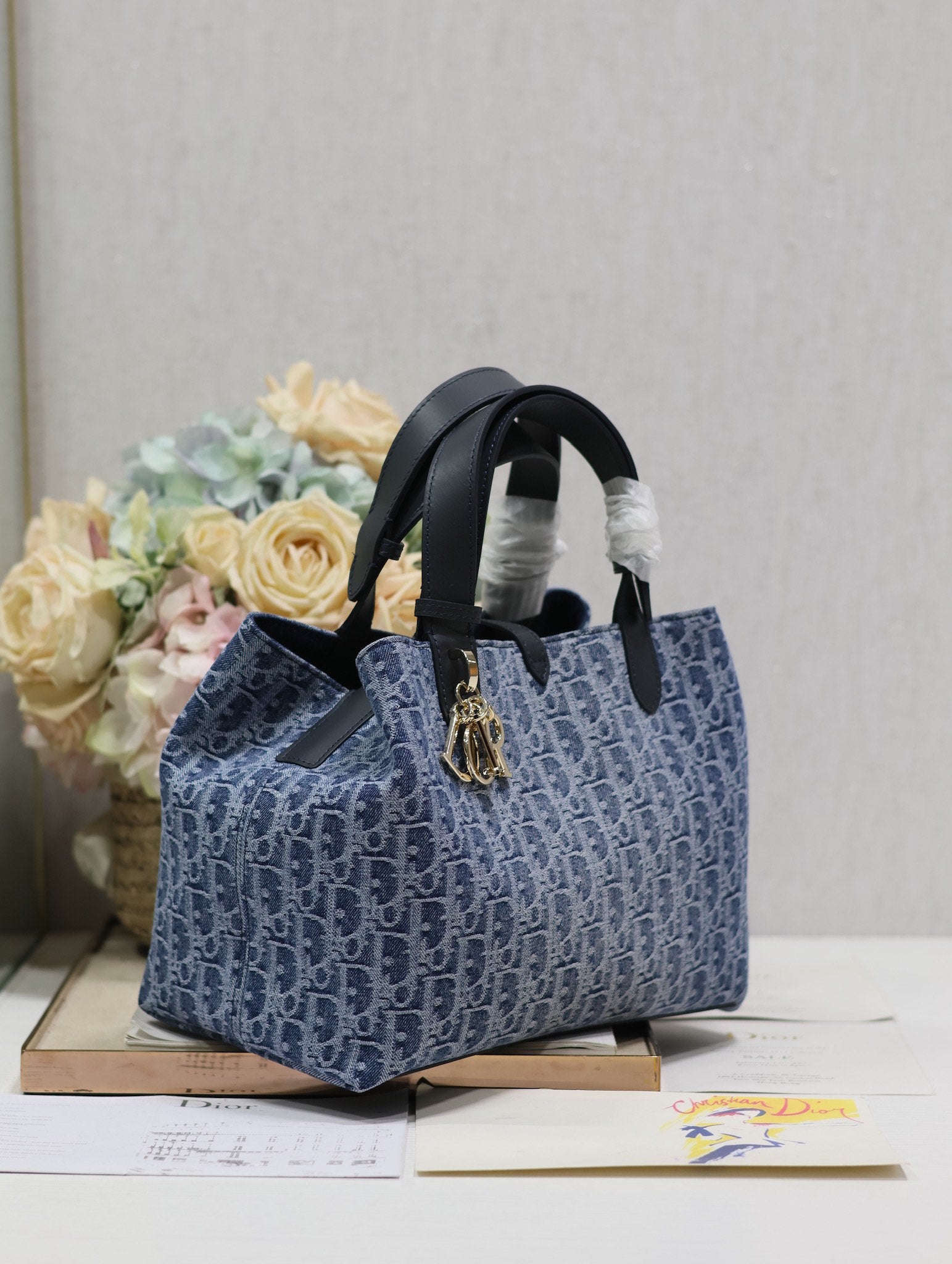 Dior Classic Blue Monogram Jacquard Tote Bag with Leather Handles