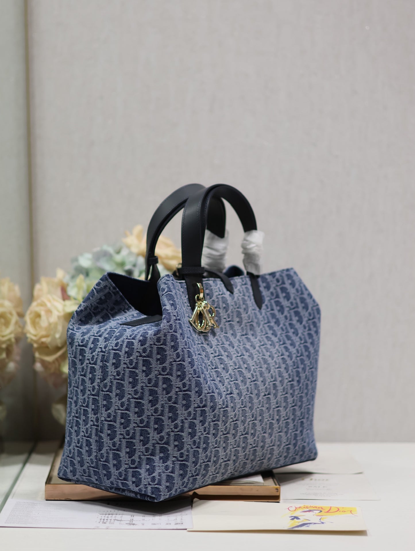 Dior Vintage Blue Monogram Jacquard Satchel Handbag with Top Handles