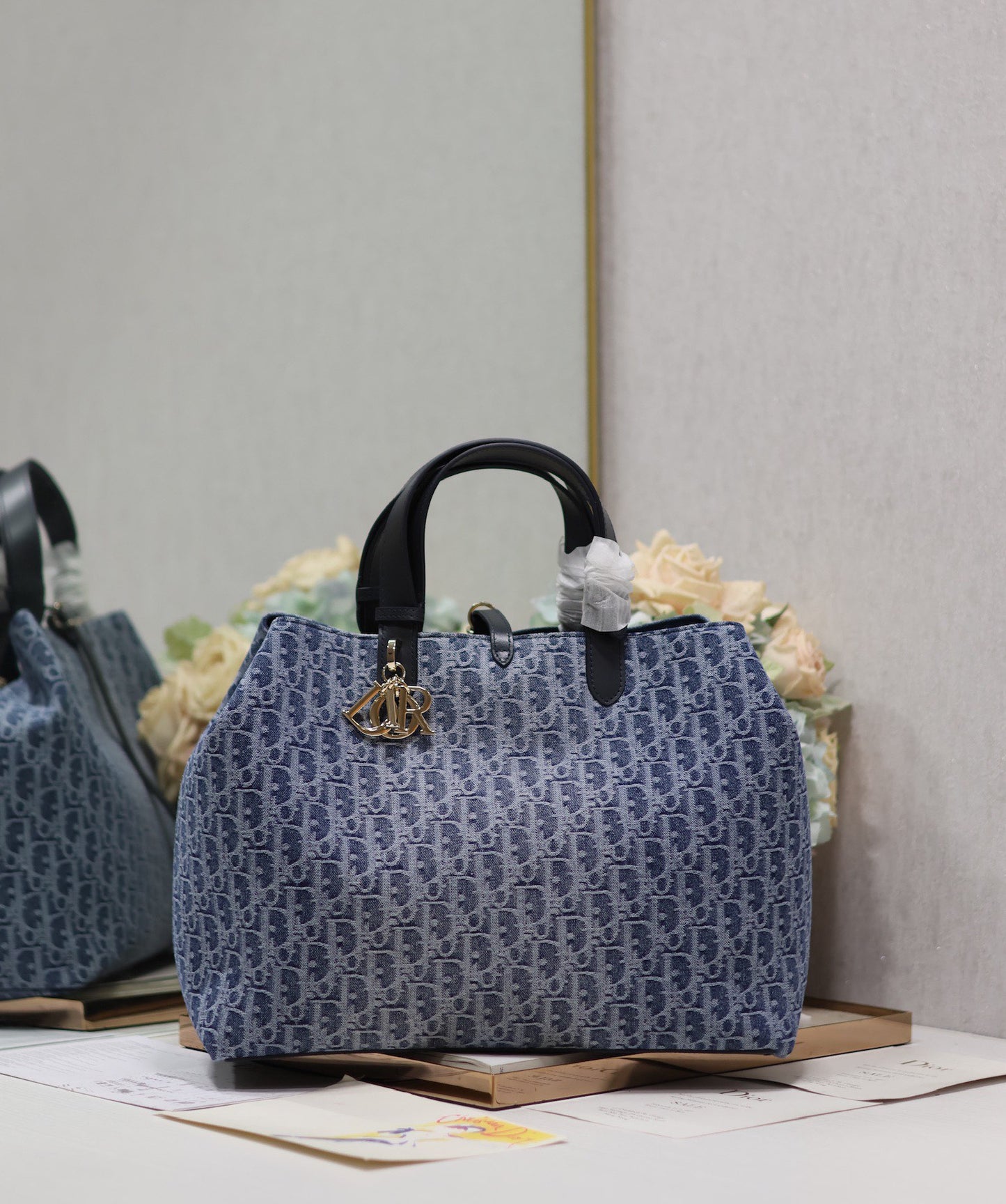 Dior Vintage Blue Monogram Jacquard Satchel Handbag with Top Handles