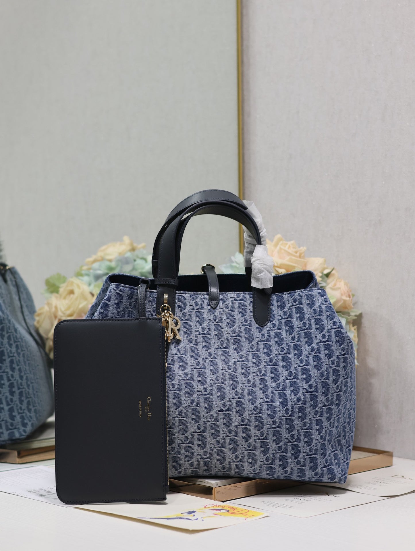 Dior Vintage Blue Monogram Jacquard Satchel Handbag with Top Handles