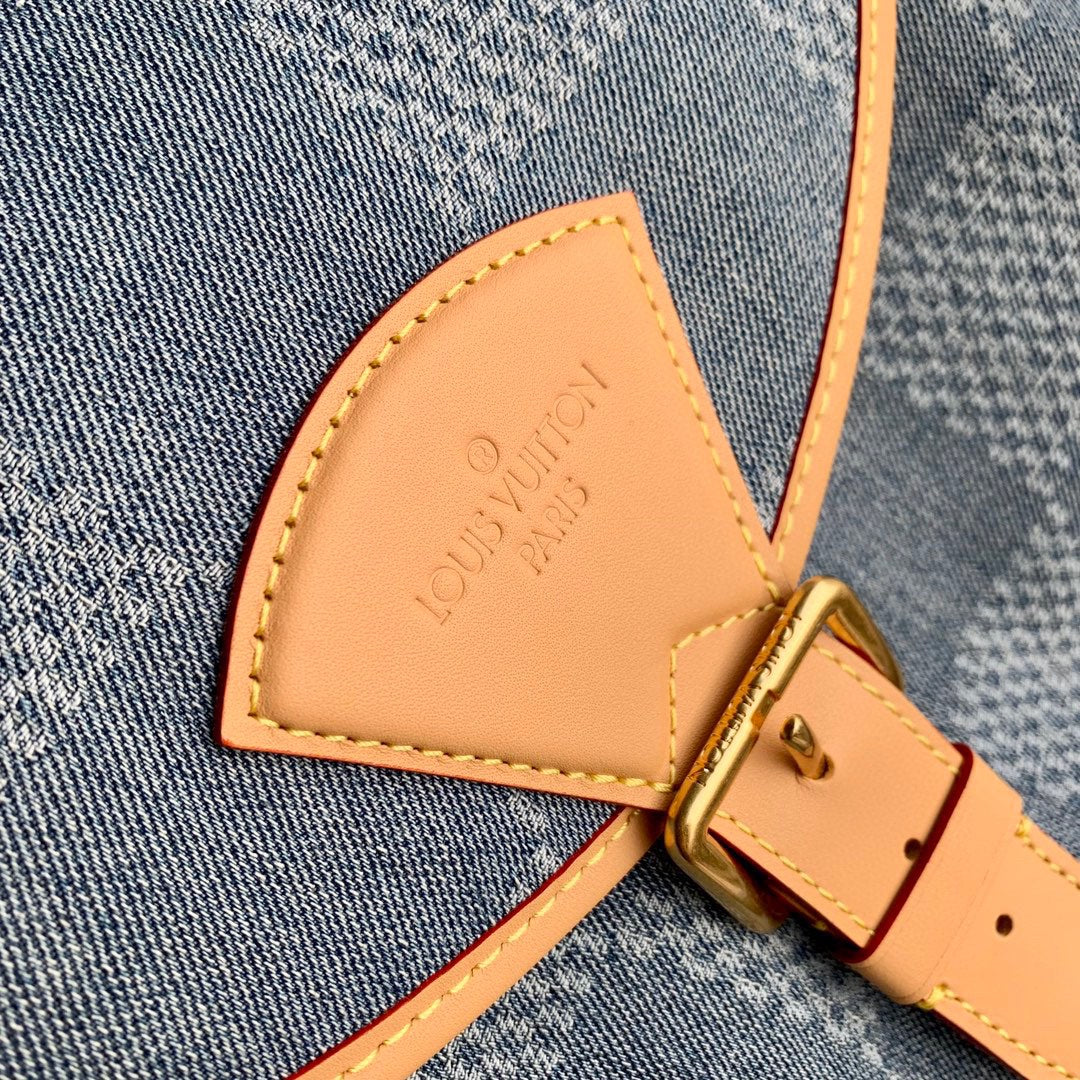 Louis Vuitton Vintage Blue Denim Checkered Backpack with Tan Leather Trim