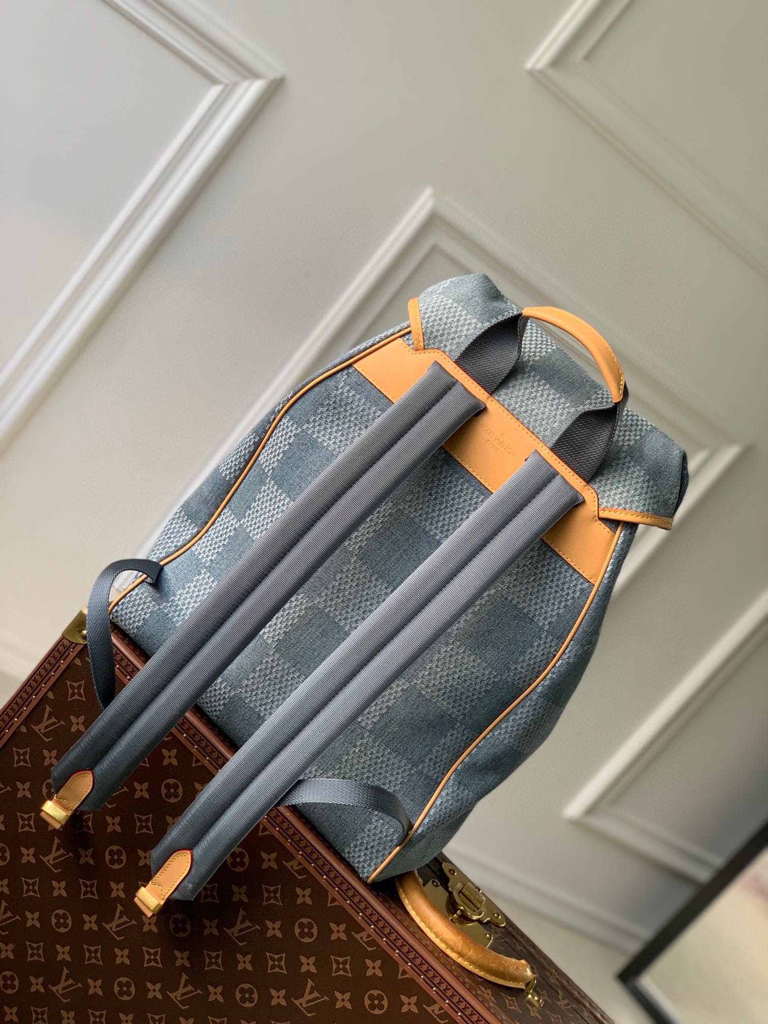 Louis Vuitton Vintage Blue Denim Checkered Backpack with Tan Leather Trim