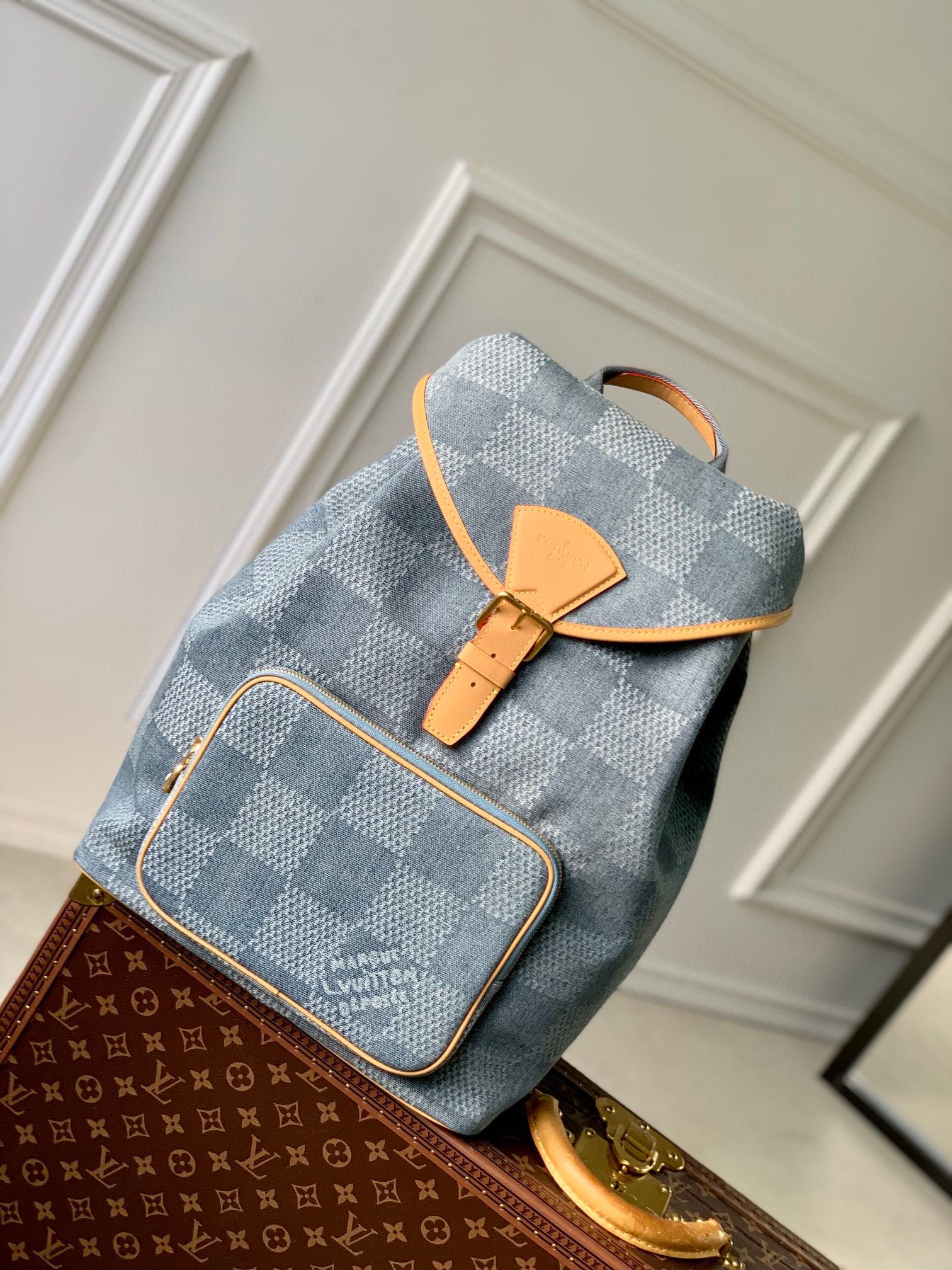 Louis Vuitton Vintage Blue Denim Checkered Backpack with Tan Leather Trim