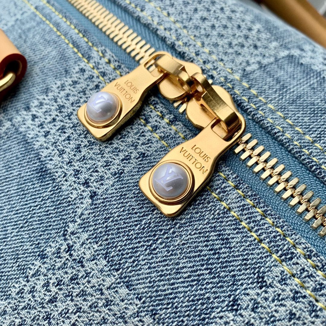 Louis Vuitton Blue Checkered Denim Travel Duffle Bag with Leather Trim