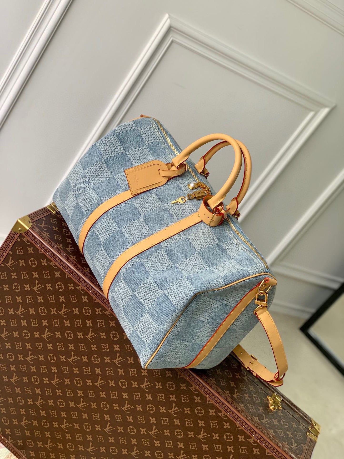 Louis Vuitton Blue Checkered Denim Travel Duffle Bag with Leather Trim