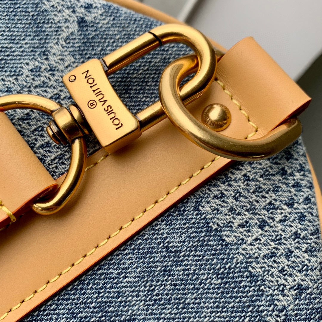Louis Vuitton Blue Checkered Denim Travel Duffle Bag with Leather Trim