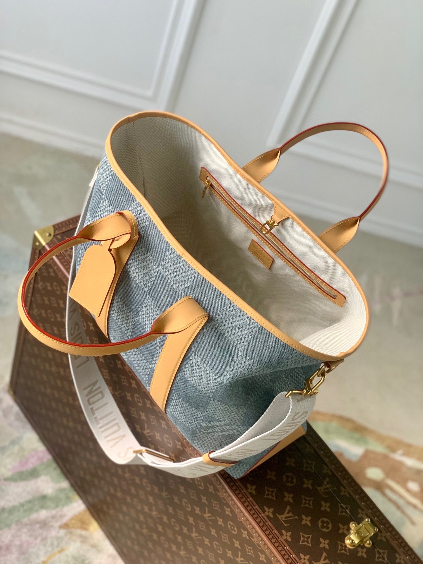 Louis Vuitton Casual Blue Checkered Denim Tote Bag with Tan Leather Trim