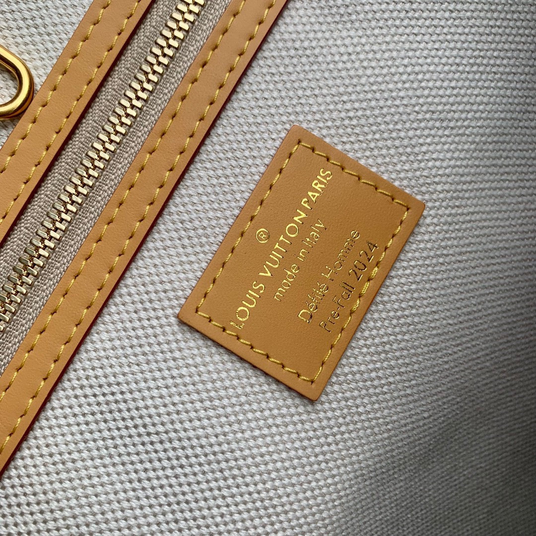 Louis Vuitton Casual Blue Checkered Denim Tote Bag with Tan Leather Trim
