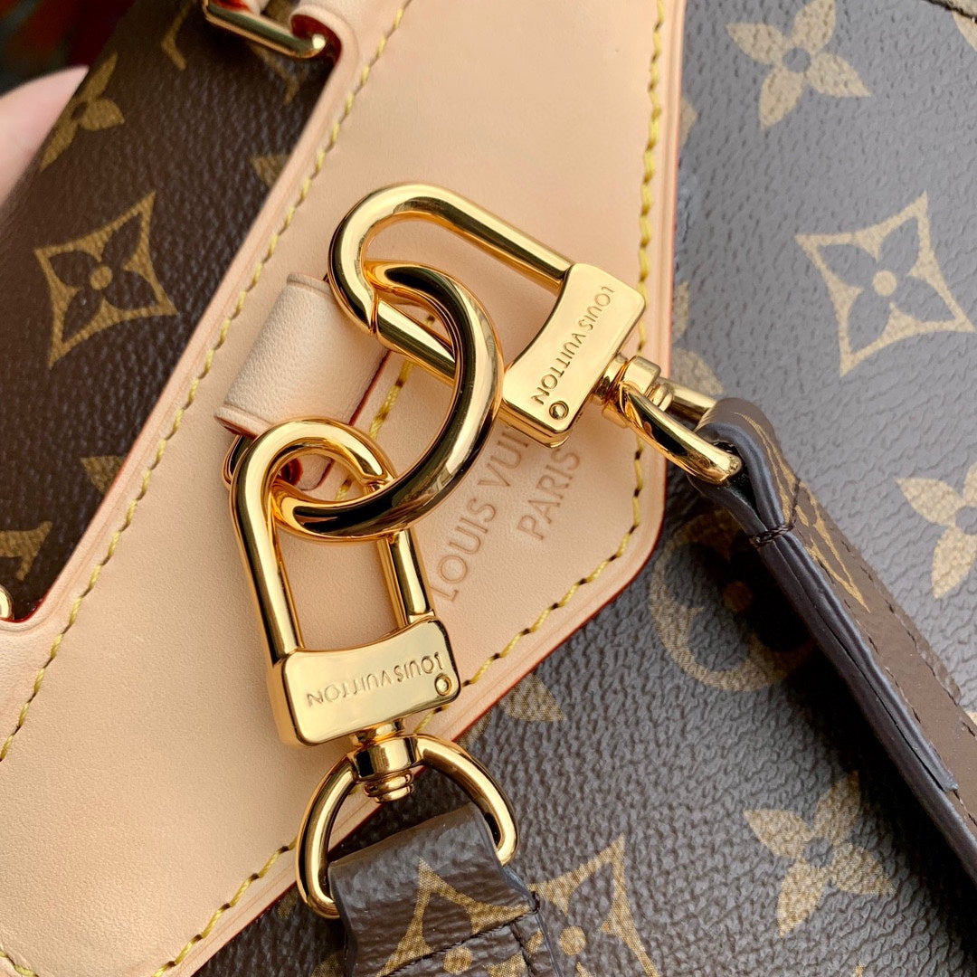 Louis Vuitton Classic Brown Monogram Print Backpack with Tan Leather Trim and Drawstring