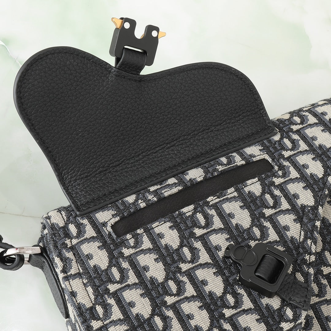 Dior Vintage Monogram Canvas Saddle Shoulder Bag with Black Leather Flap