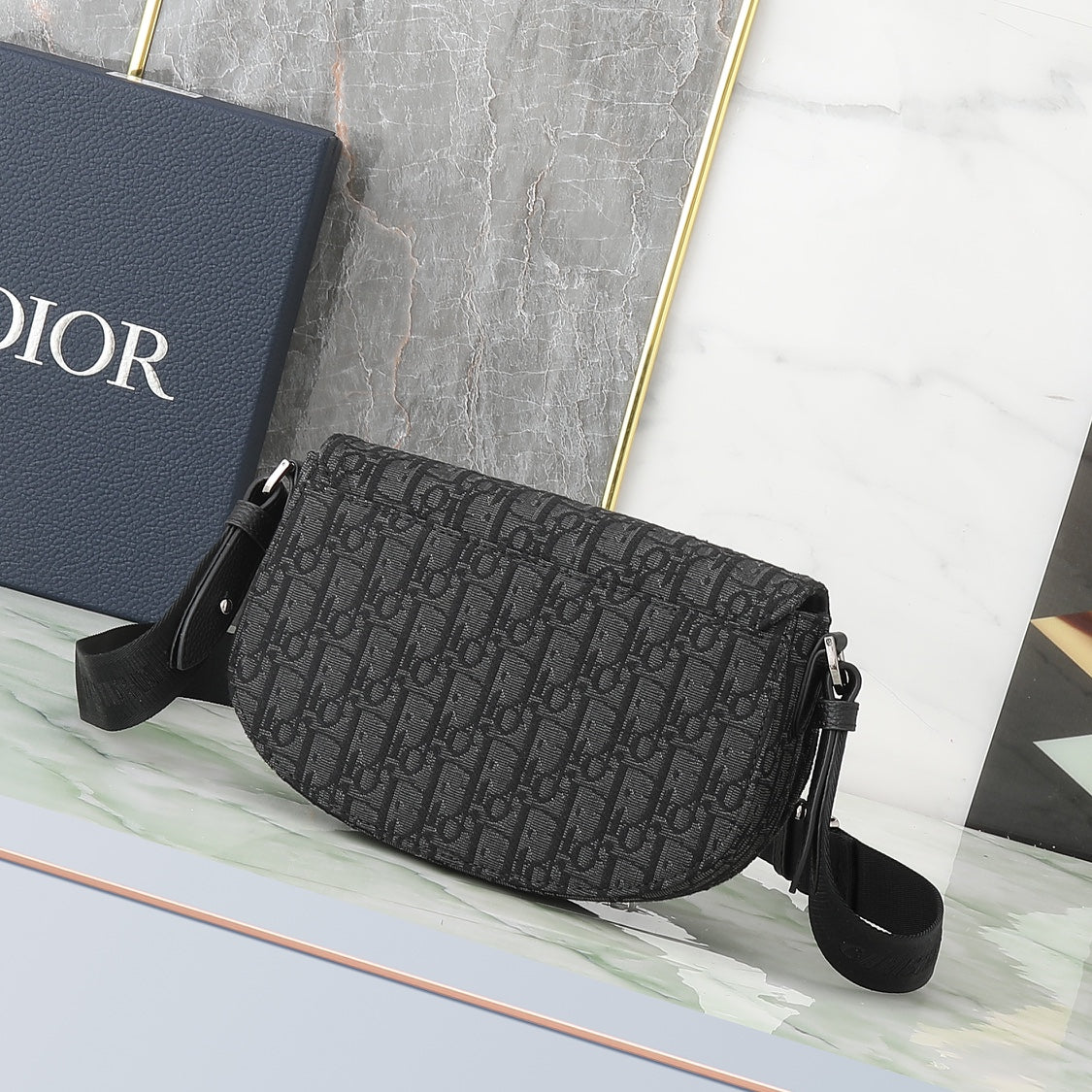 Dior Black Monogram Jacquard Saddle Crossbody Shoulder Bag