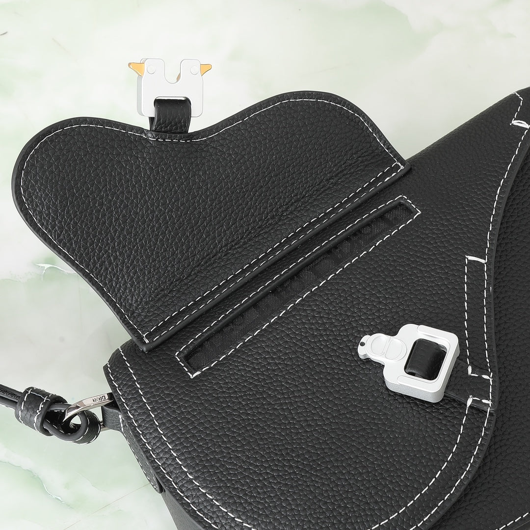 Dior Modern Black Leather Saddle Crossbody Bag with Contrast Stitching