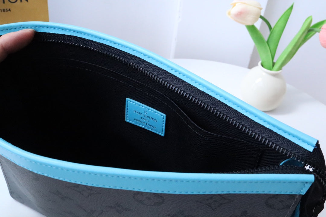 Louis Vuitton Luxury Monogram Pattern Unisex Clutch Bag with Blue Zipper Trim