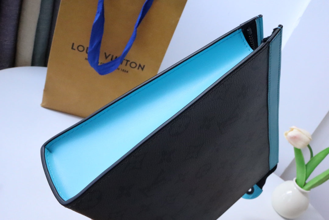 Louis Vuitton Luxury Monogram Pattern Unisex Clutch Bag with Blue Zipper Trim