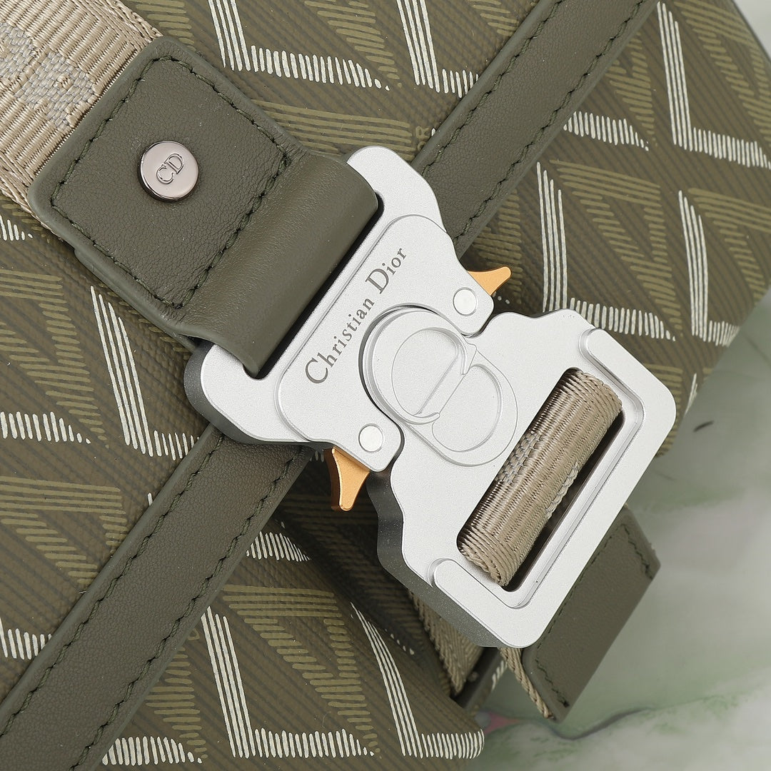 Dior Olive Green Geometric Pattern Crossbody Bag with Utility Buckle