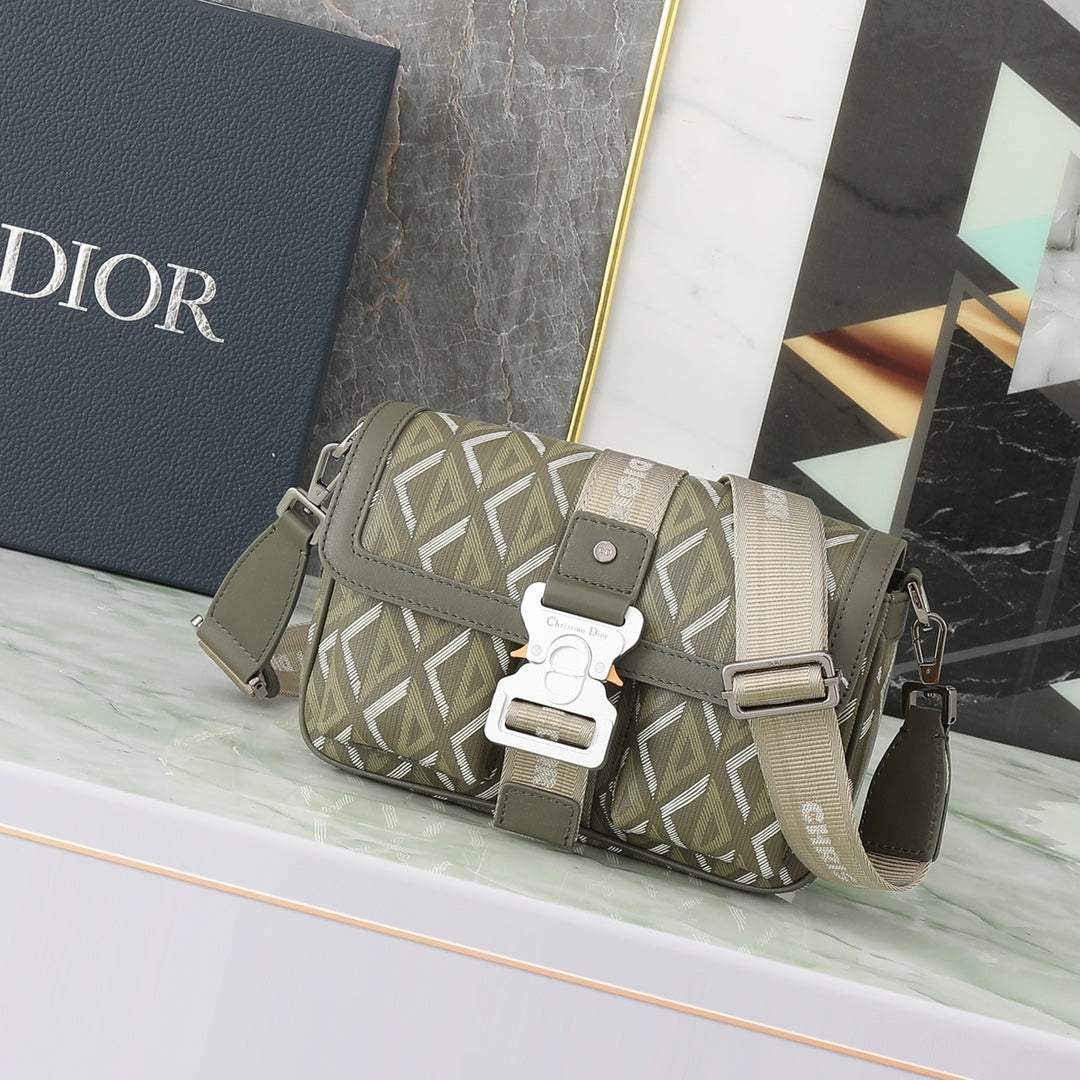 Dior Olive Green Geometric Pattern Crossbody Bag with Utility Buckle