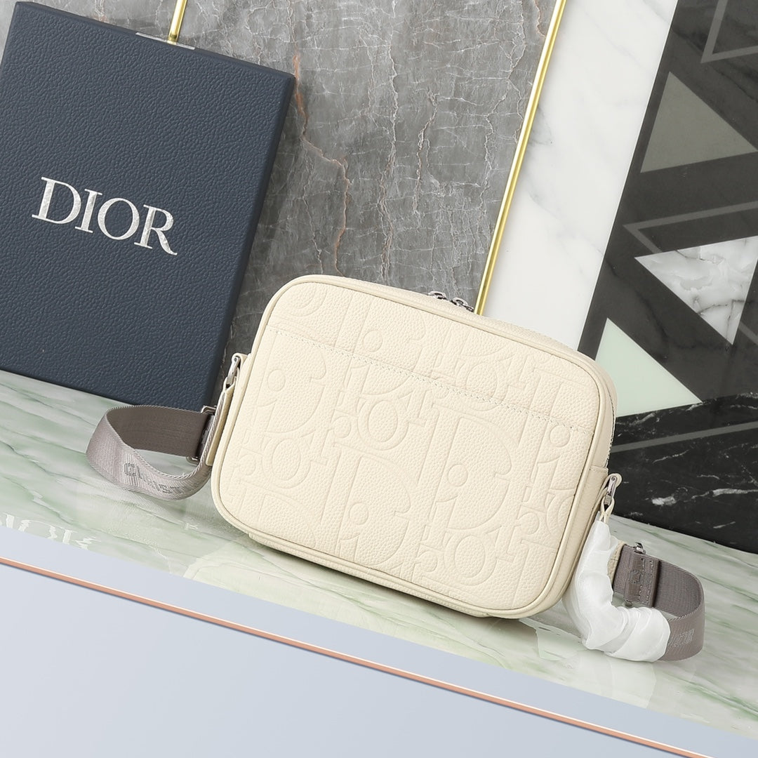 Dior Cream White Embossed Crossbody Camera Bag with Wide Strap