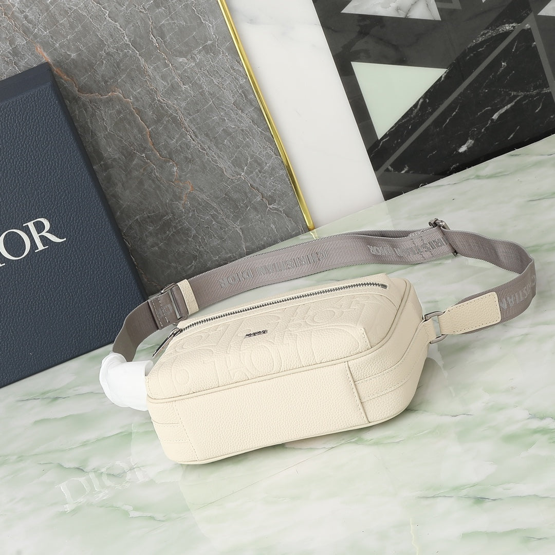 Dior Cream White Embossed Crossbody Camera Bag with Wide Strap