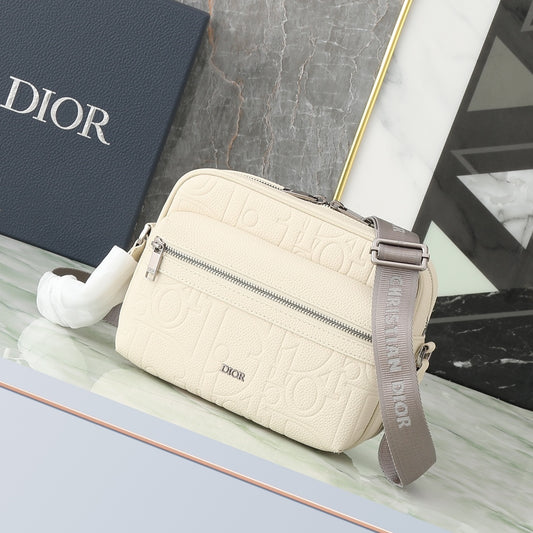 Dior Cream White Embossed Crossbody Camera Bag with Wide Strap