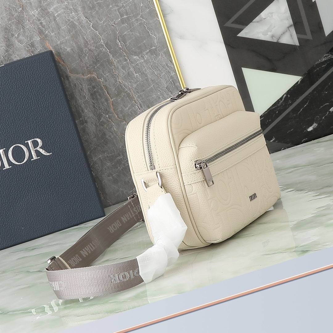 Dior Cream White Embossed Crossbody Camera Bag with Wide Strap