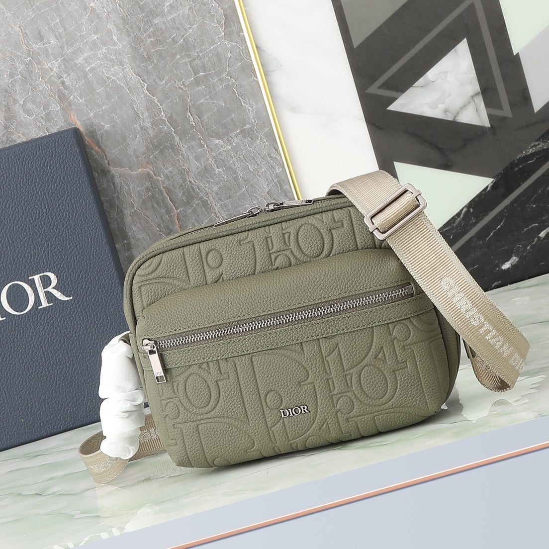 Dior Olive Green Embossed Crossbody Messenger Bag with Wide Canvas Strap