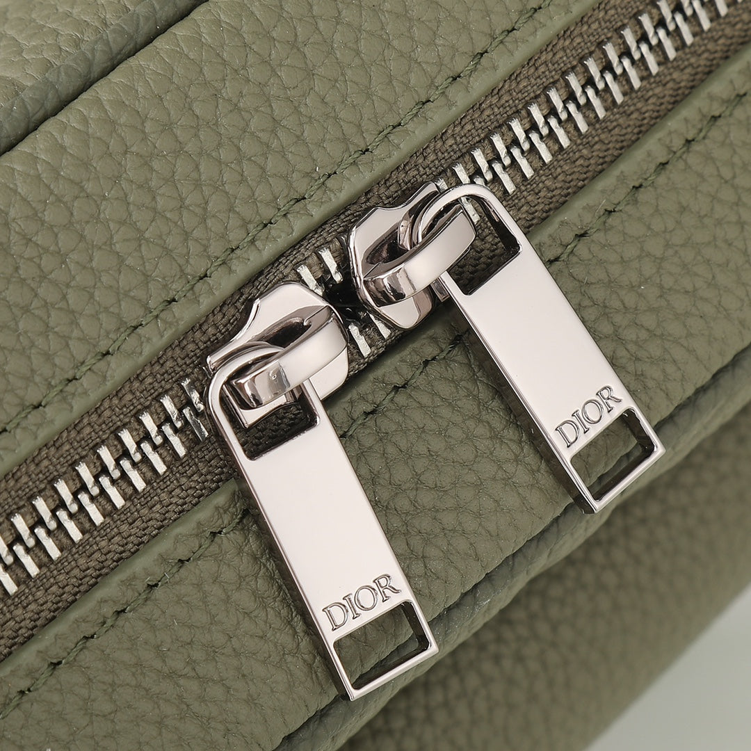 Dior Olive Green Embossed Crossbody Messenger Bag with Wide Canvas Strap