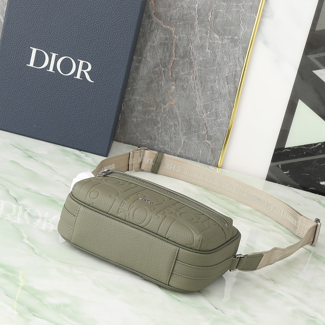 Dior Olive Green Embossed Crossbody Messenger Bag with Wide Canvas Strap