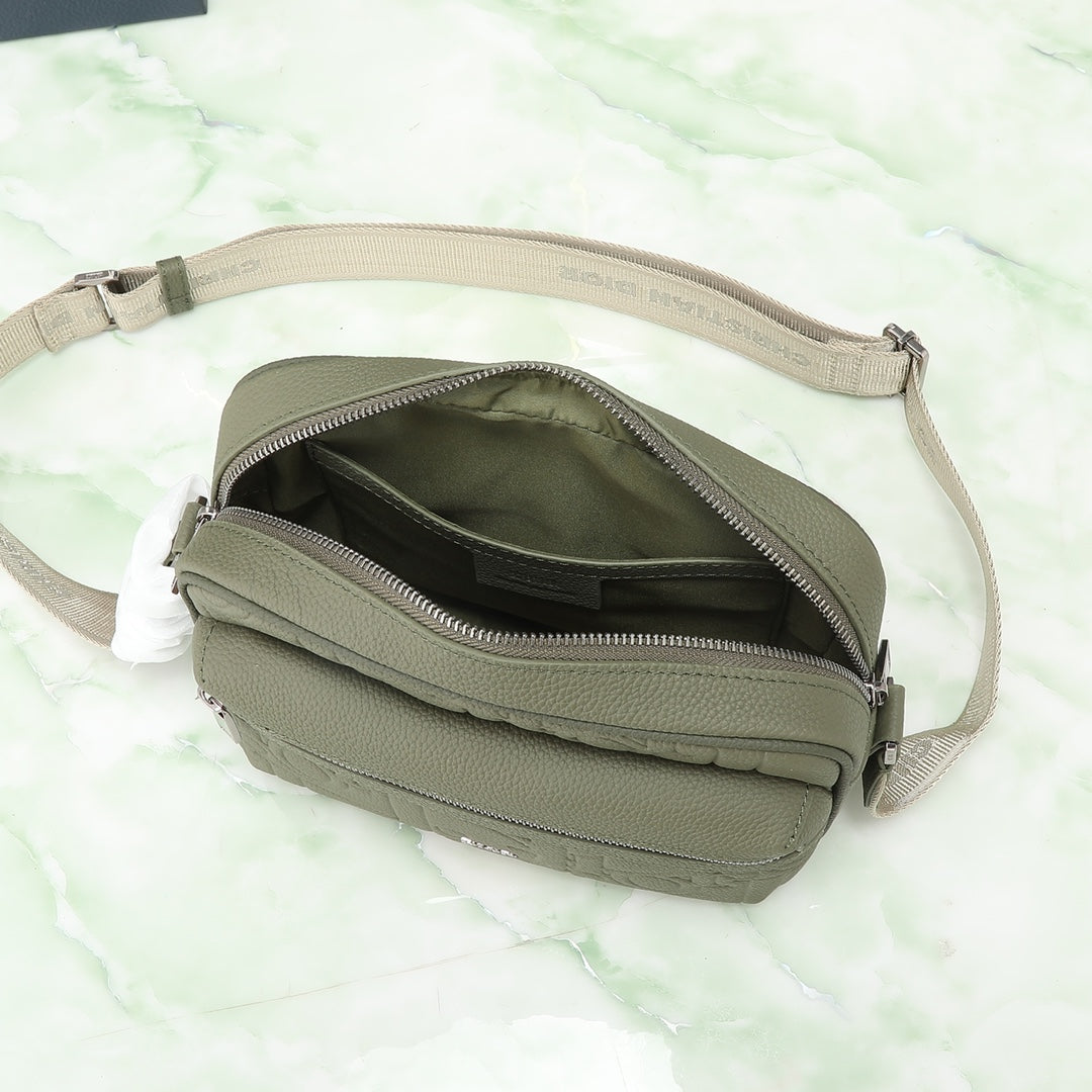 Dior Olive Green Embossed Crossbody Messenger Bag with Wide Canvas Strap
