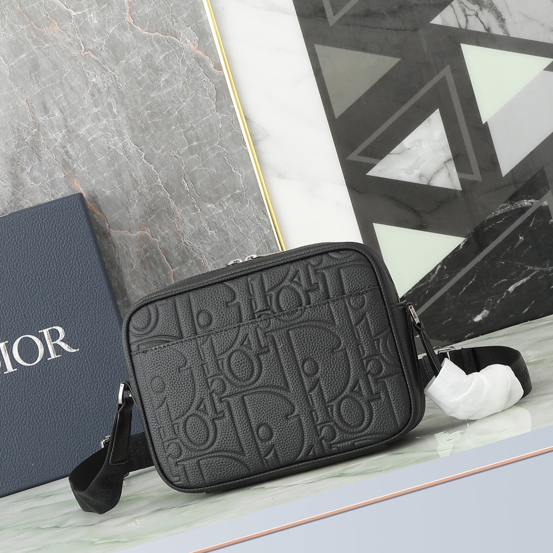Dior Black Embossed Monogram Leather Crossbody Shoulder Bag