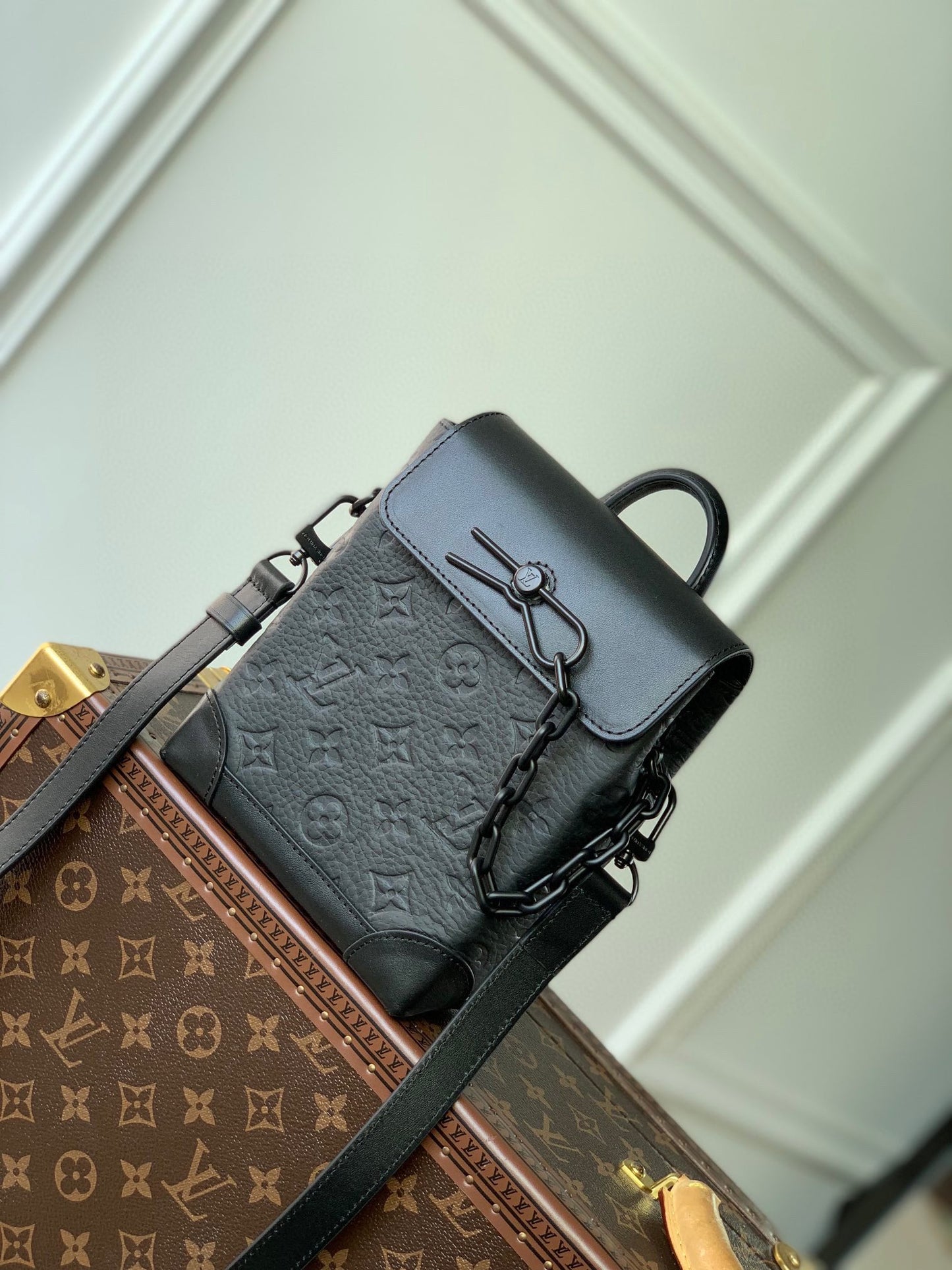 Louis Vuitton Matte Black Embossed Leather Mini Backpack Crossbody Bag with Chain Detail