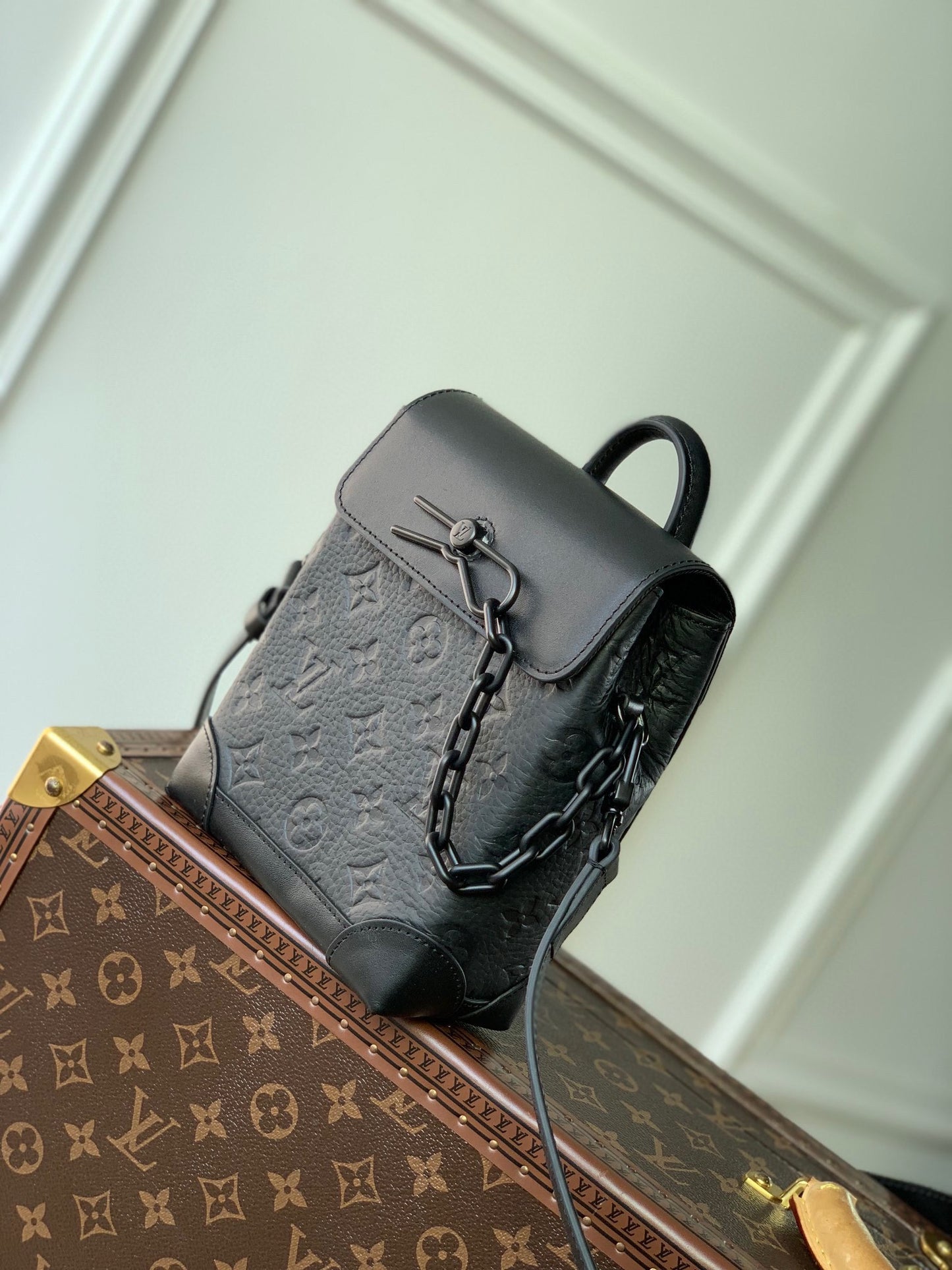 Louis Vuitton Matte Black Embossed Leather Mini Backpack Crossbody Bag with Chain Detail