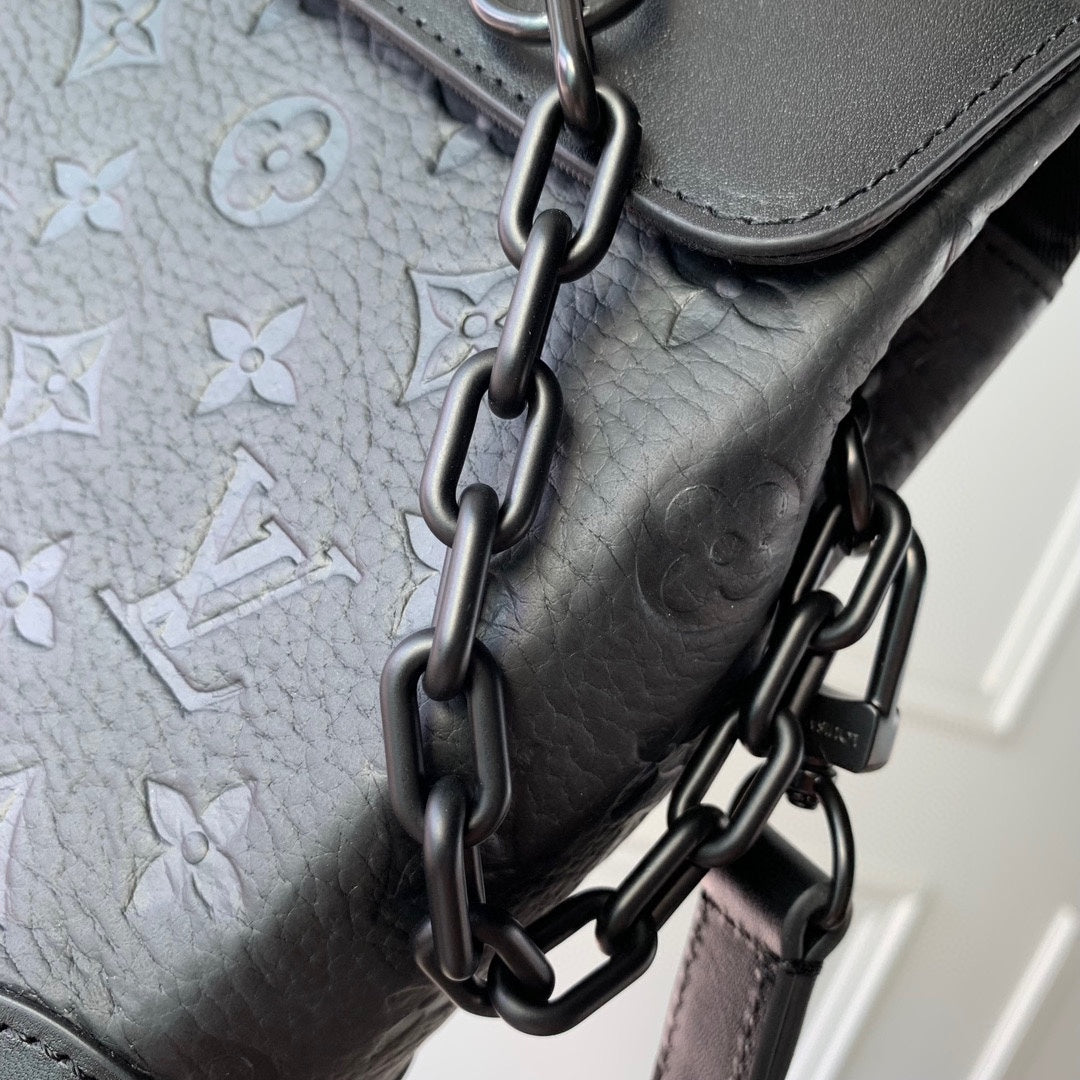 Louis Vuitton Matte Black Embossed Leather Mini Backpack Crossbody Bag with Chain Detail
