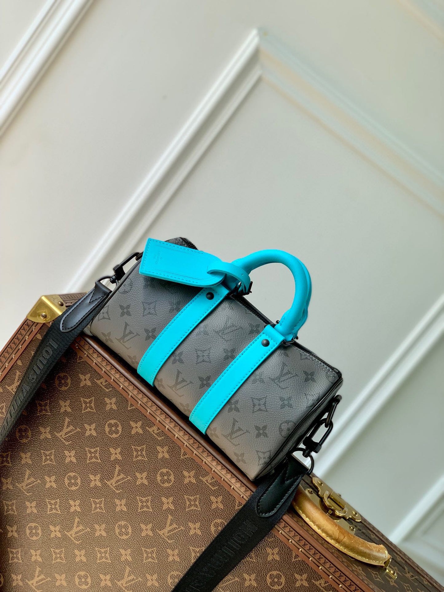 Louis Vuitton Keepall Bandoulière 25 Monogram Eclipse Turquoise Accent Mini Duffle Bag